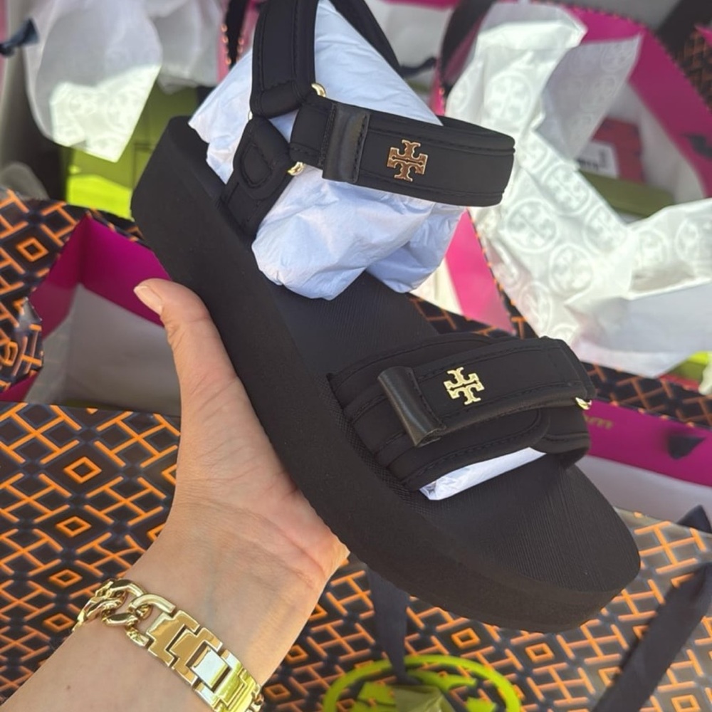 Tory Burch Black Platform Logo Strap Sandals